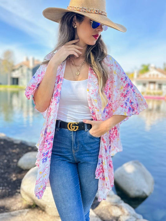 Floral Chiffon Ruffle Kimono – Lightweight Summer Layer: One Size