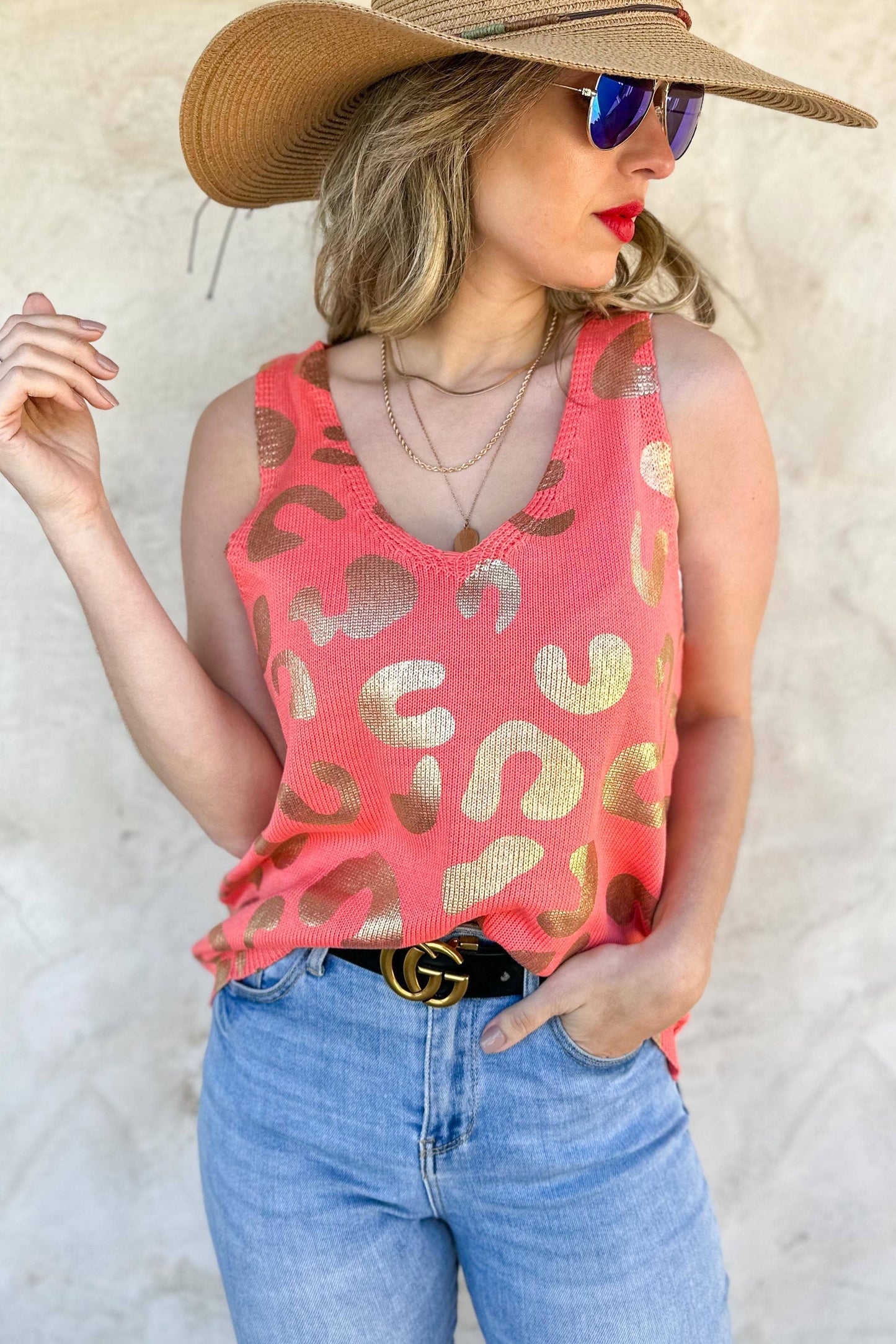 Metallic Gold Leopard Knit Tank – Lightweight Statement Top