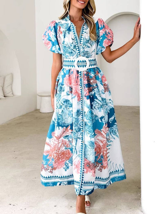 Floral Maxi Dress with Puff Sleeves and Belt