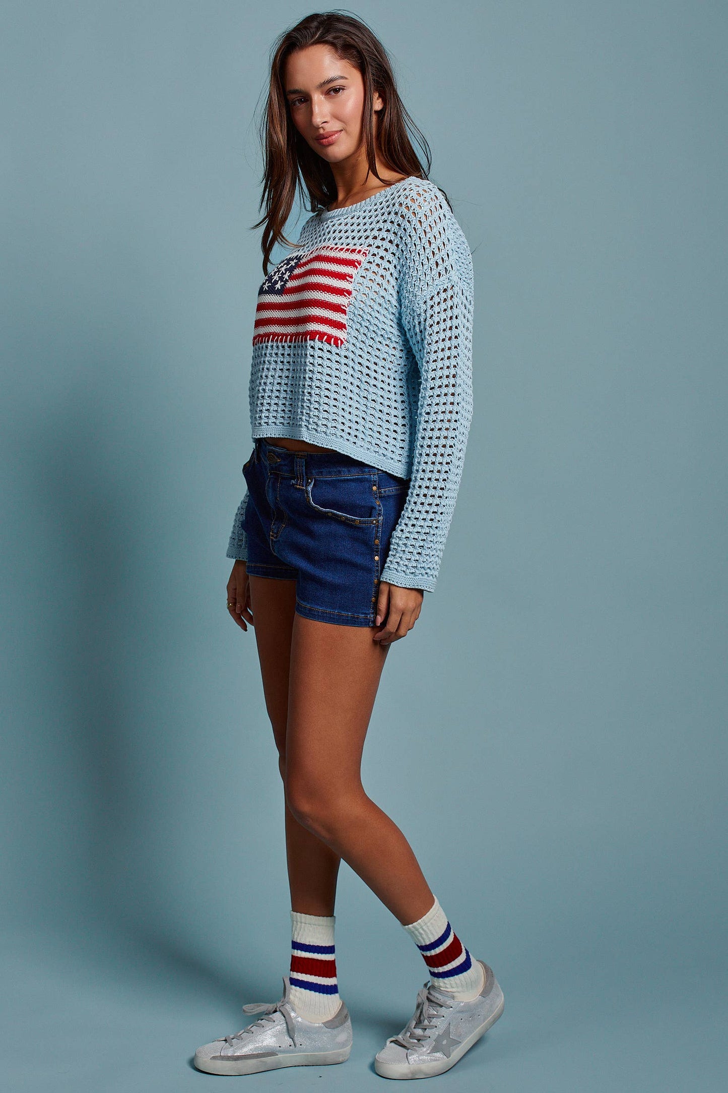 American Flag Patch Open Knit Cotton Sweater