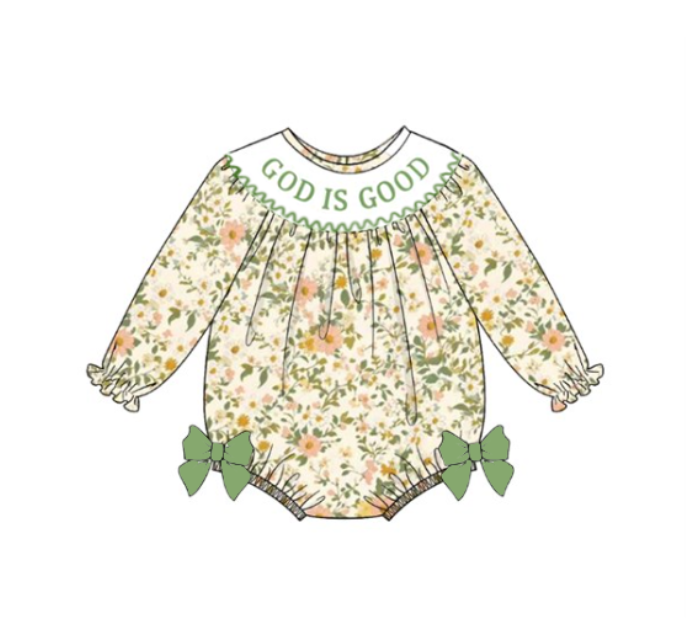 Baby Girls "GOD IS GOOD" Smocked Embroidery Floral Romper