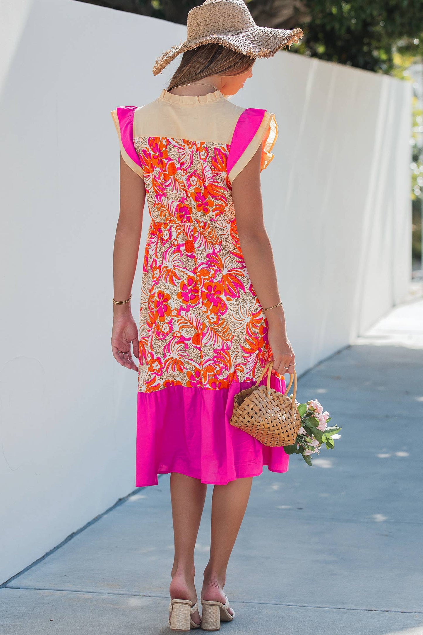 Floral Color Block Ruffled Short Sleeve Flared Midi Dress