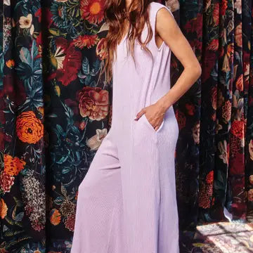 V-Neck Wide Leg Solid Knit Jumpsuit - Lavender