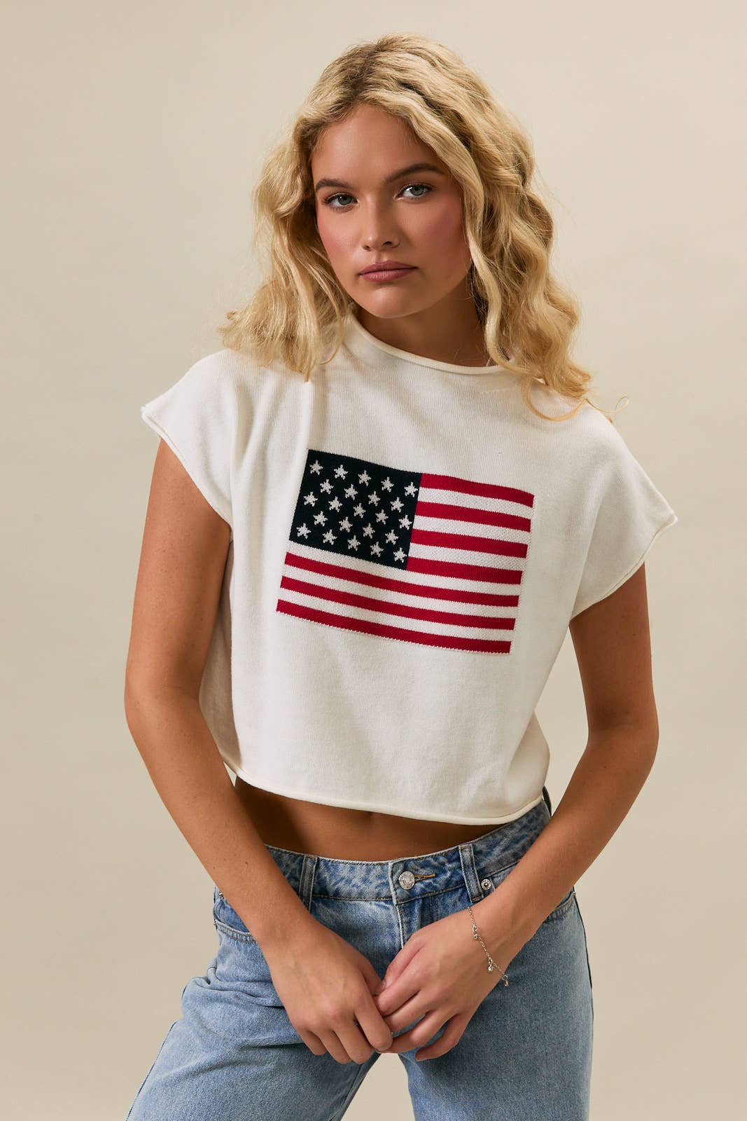 DROP SHOULDER MOCK NECK "USA FLAG" GRAPHIC SWEATER
