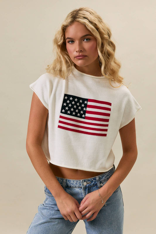 DROP SHOULDER MOCK NECK "USA FLAG" GRAPHIC SWEATER