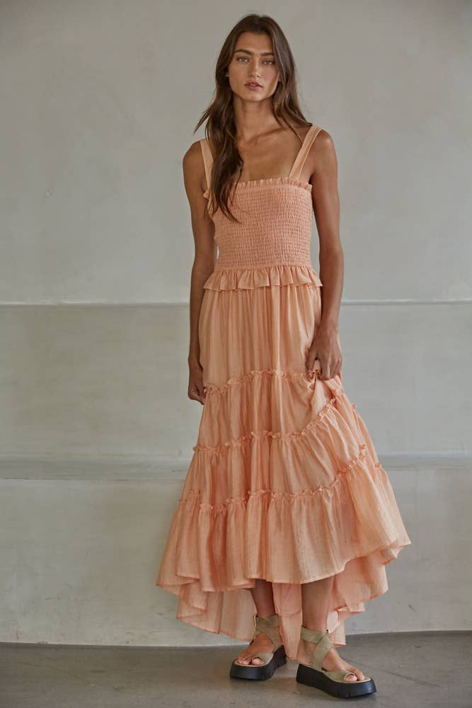Woven Sleeveless Smocked Ruffle Hi Low Midi Dress