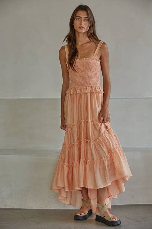 Woven Sleeveless Smocked Ruffle Hi Low Midi Dress