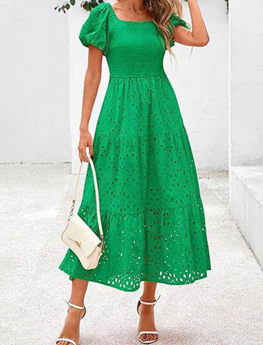 Eyelet Puff Sleeve Midi Dress