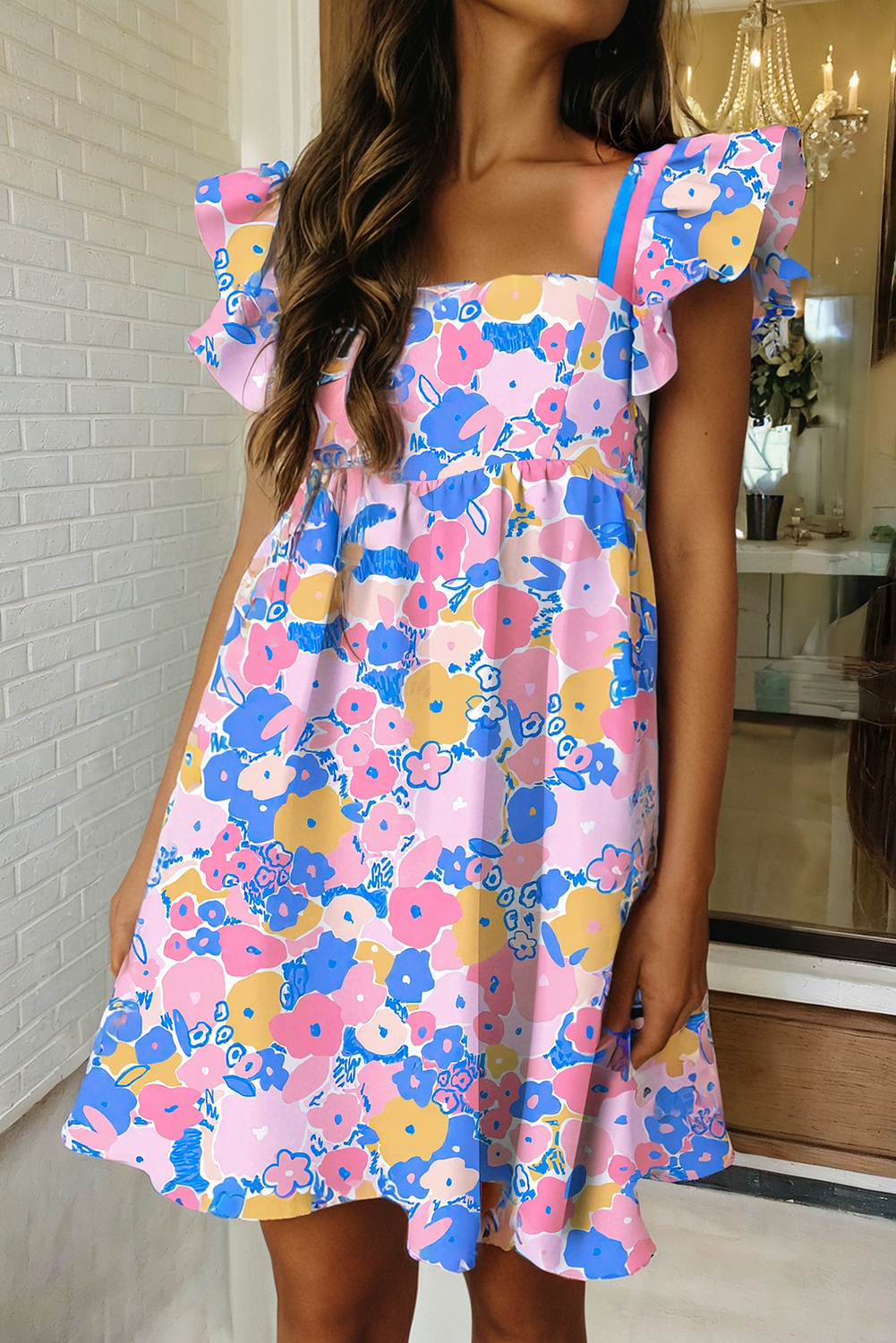 Floral Print Flutter Striped Trim Mini Dress