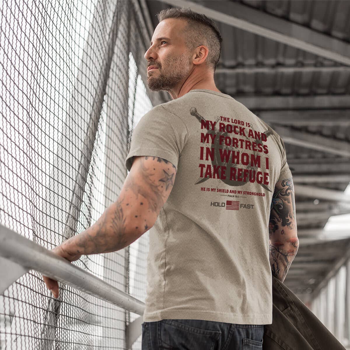 HOLD FAST Mens T-Shirt Fortress Shield: Sand