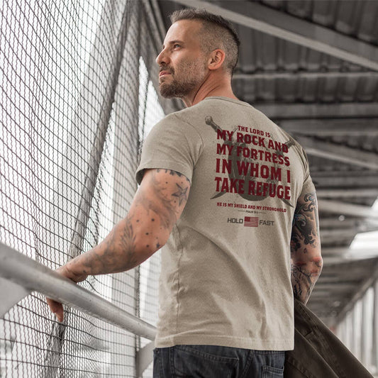 HOLD FAST Mens T-Shirt Fortress Shield: Sand