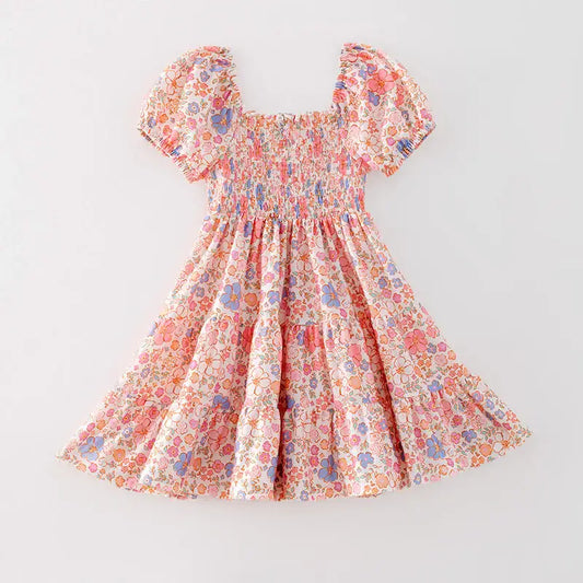 Girls Summer Floral Print Smocked Dress
