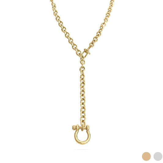 Gold Stainless Steel Y Necklace with Horseshoe Carabiner