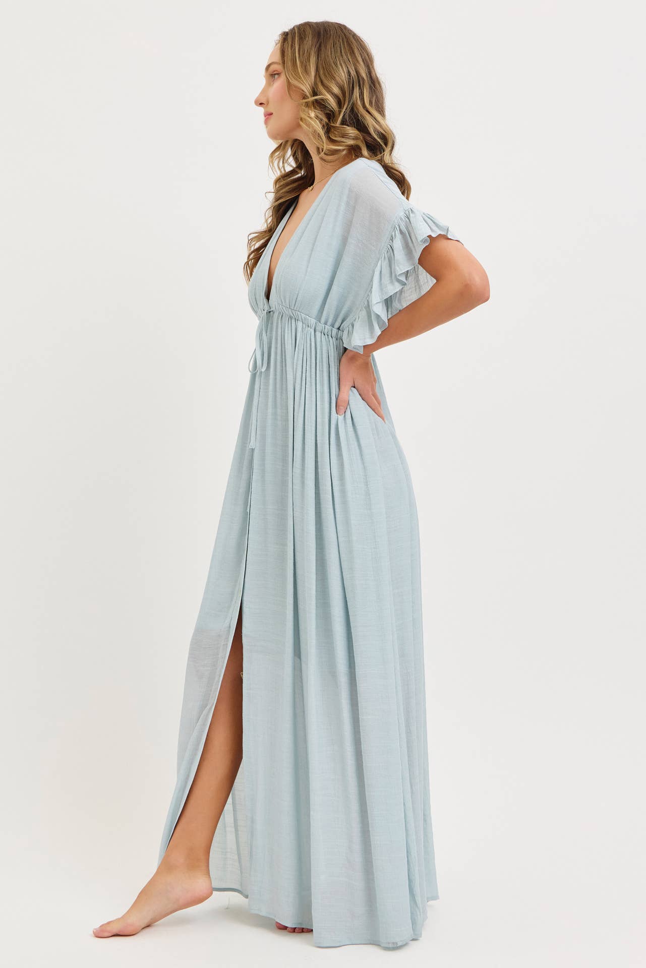 ROMANTIC V-NECKLINE ADJUSTABLE EMPIR RUFFLE FLOWY MAXI DRESS