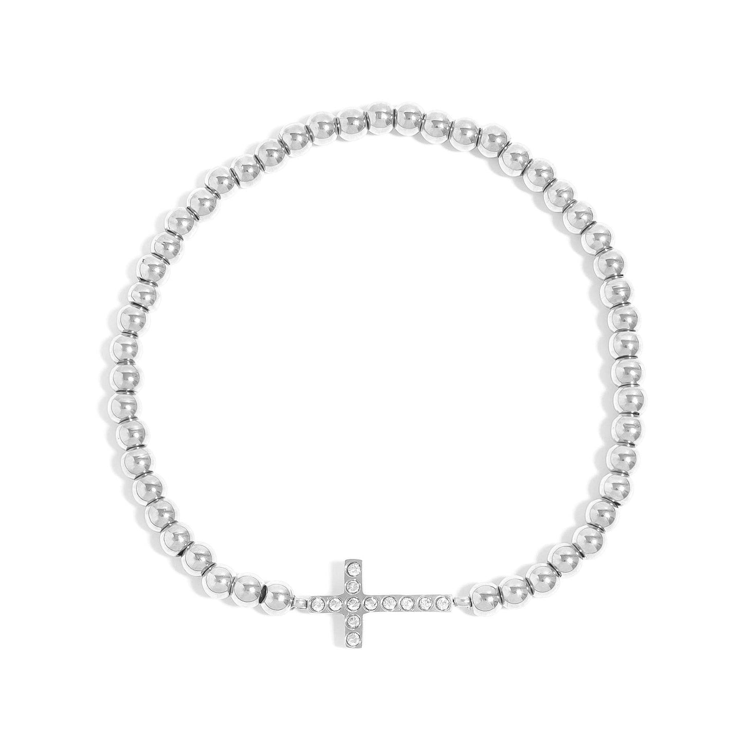 18K Gold PVD CZ Cross Beaded Stretch Bracelet: