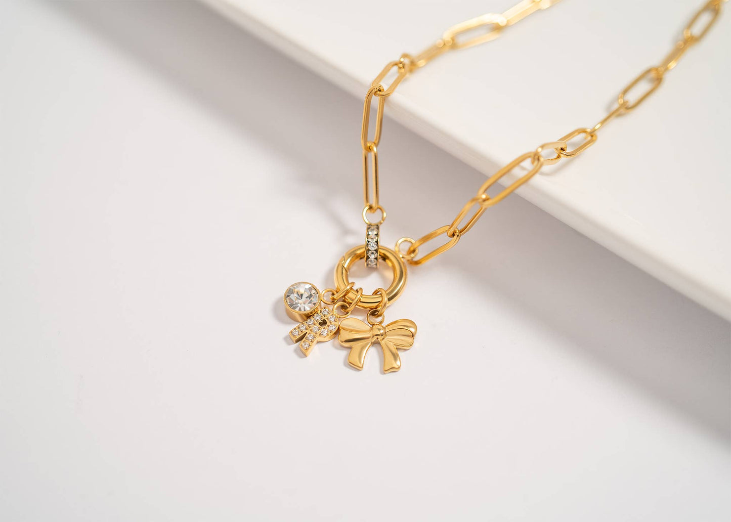 18K Gold PVD Paperclip Rhinestone Charm Holder Necklace