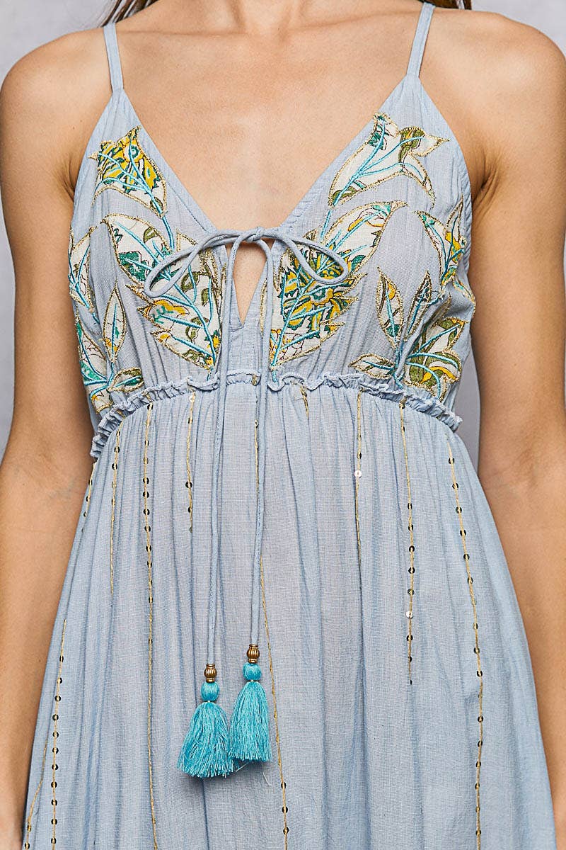 Back Smocking Embroidery Sequin Ruffle Detail Long Dress