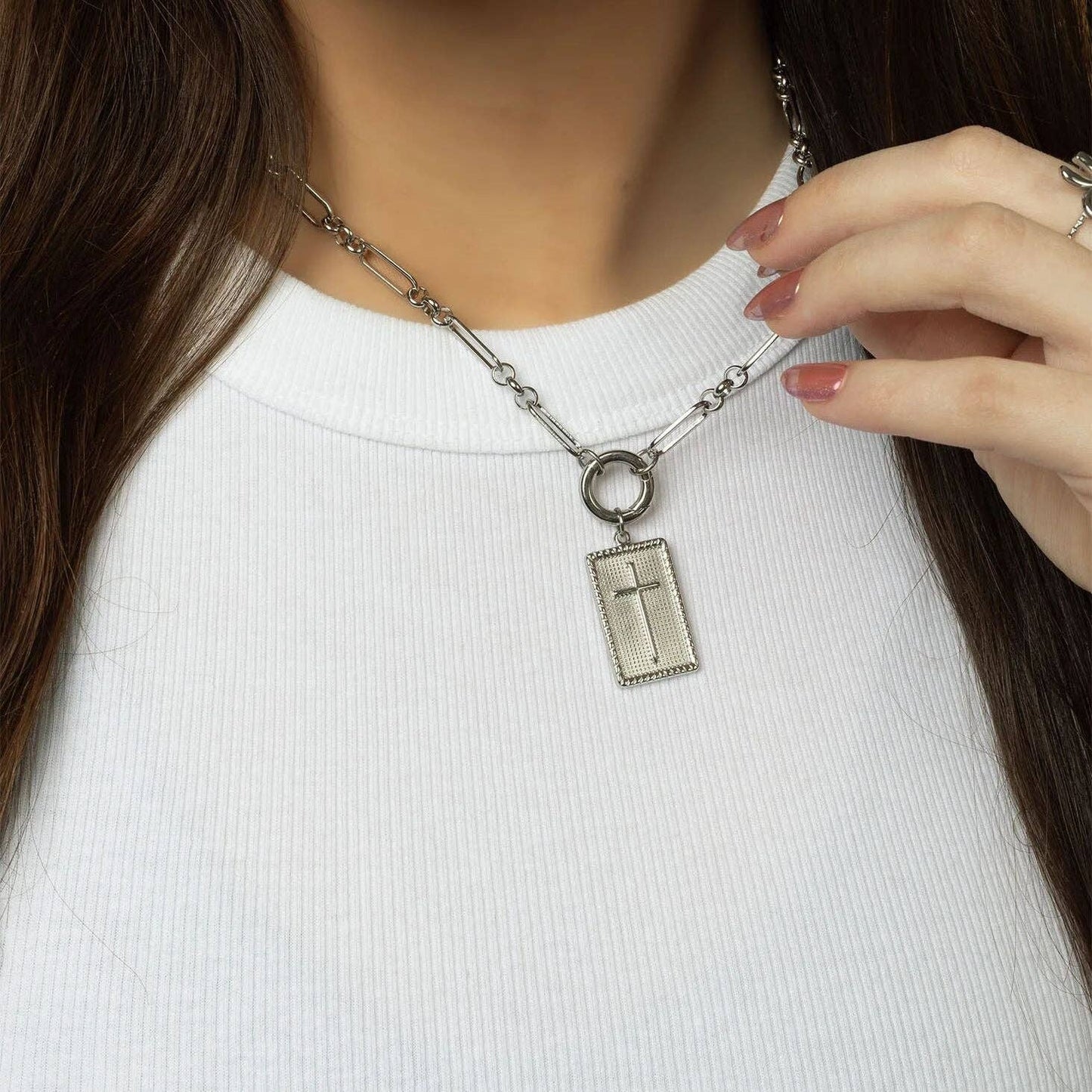 18K Gold PVD Stainless Steel Square Pendant with Cross