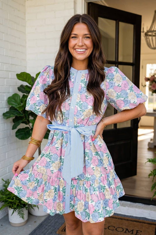 Floral Striped Belted Bubble Sleeve MIni Dress