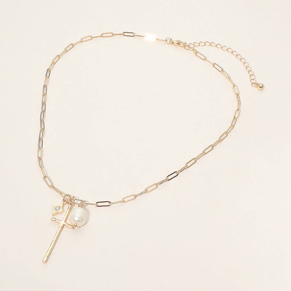 Metal Cross Stone Pave Pearl Charm Pendant Paperclip Chain Necklace