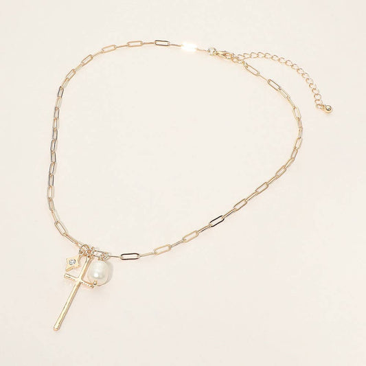 Metal Cross Stone Pave Pearl Charm Pendant Paperclip Chain Necklace
