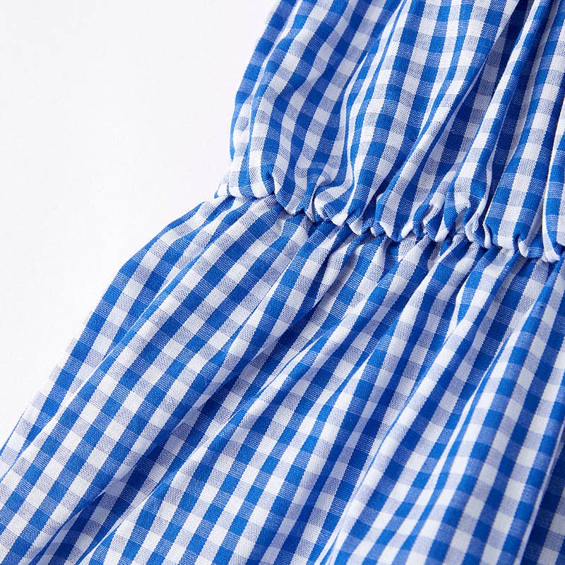 Girls July 4th Blue Plaid Flag Bow Jumpsuit