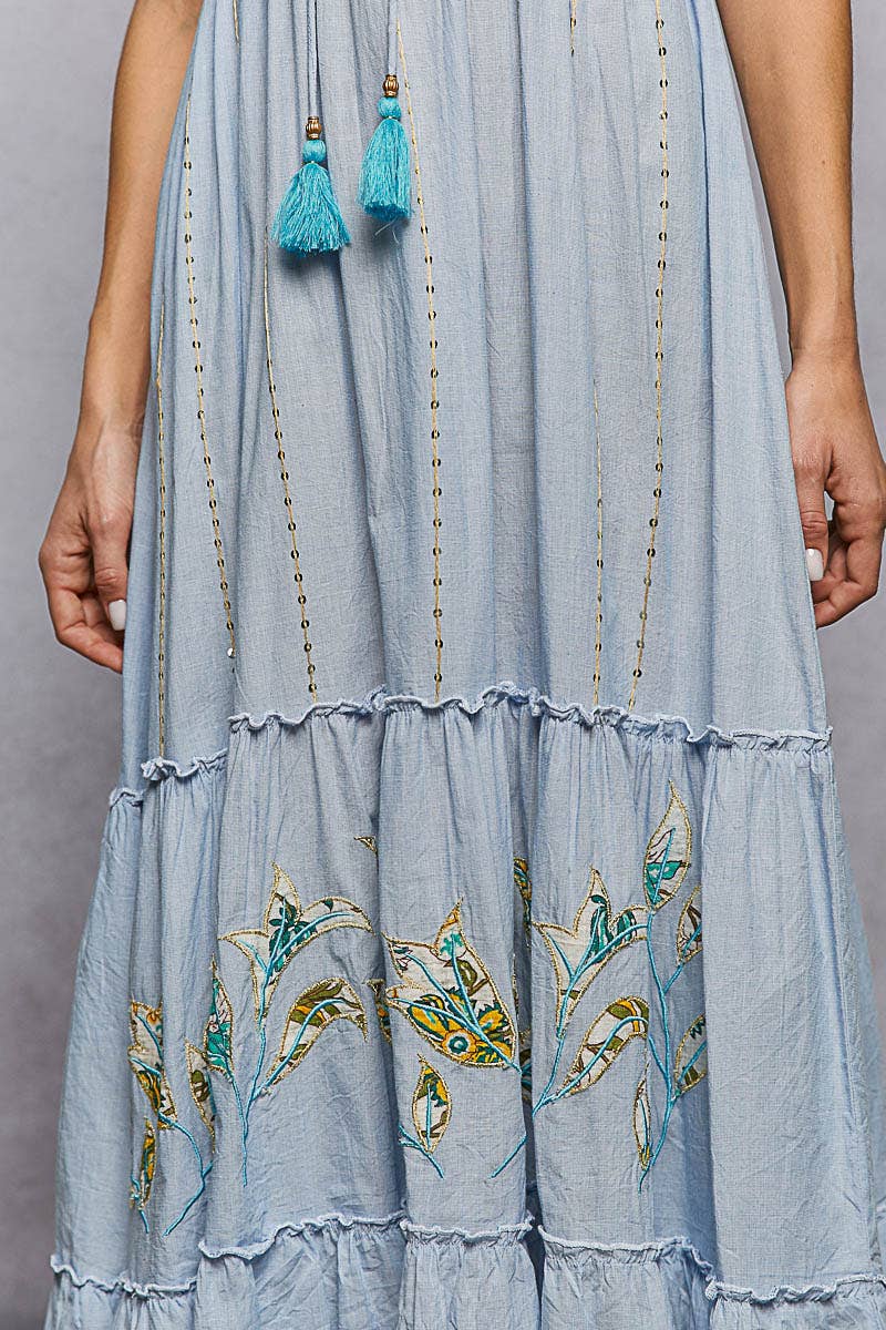 Back Smocking Embroidery Sequin Ruffle Detail Long Dress
