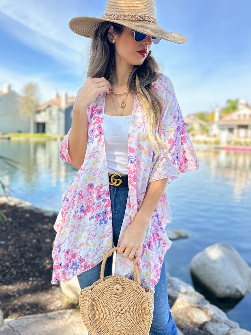 Floral Chiffon Ruffle Kimono – Lightweight Summer Layer: One Size