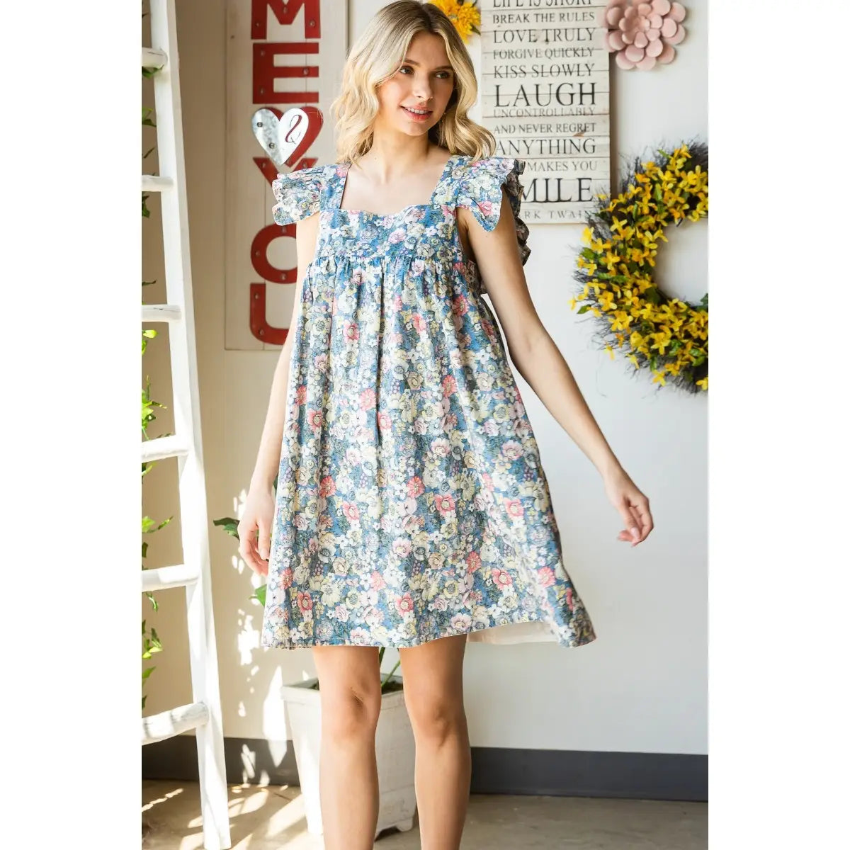 Garden Flower Print Ruffle Sleeve Mini Dress