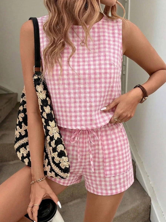 Summer Beach Vacation Gingham Tank & Shorts Set