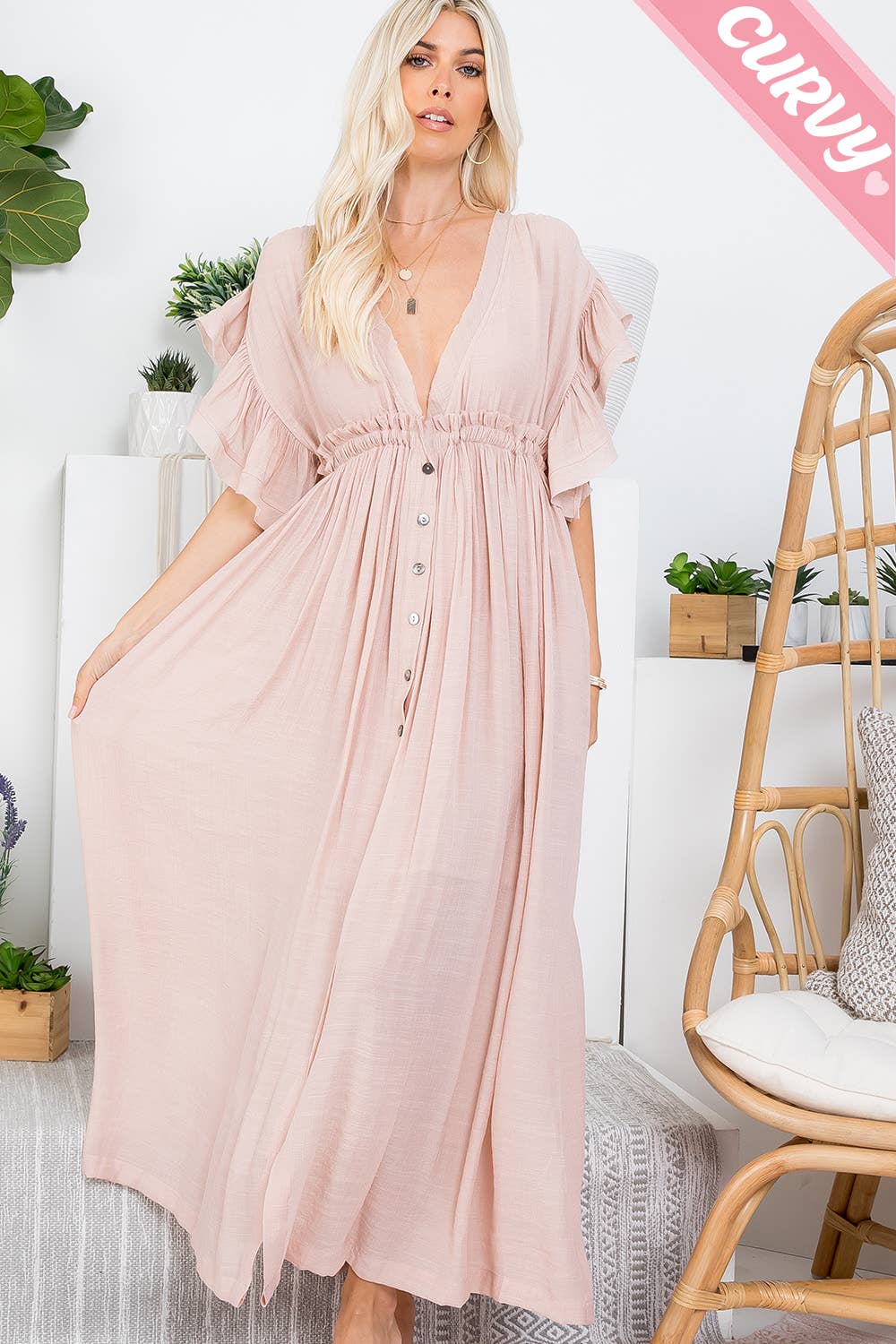 DEEP V NECKLINE BUTTONDOWN FLOWY MAXI DRESS PLUS SIZE