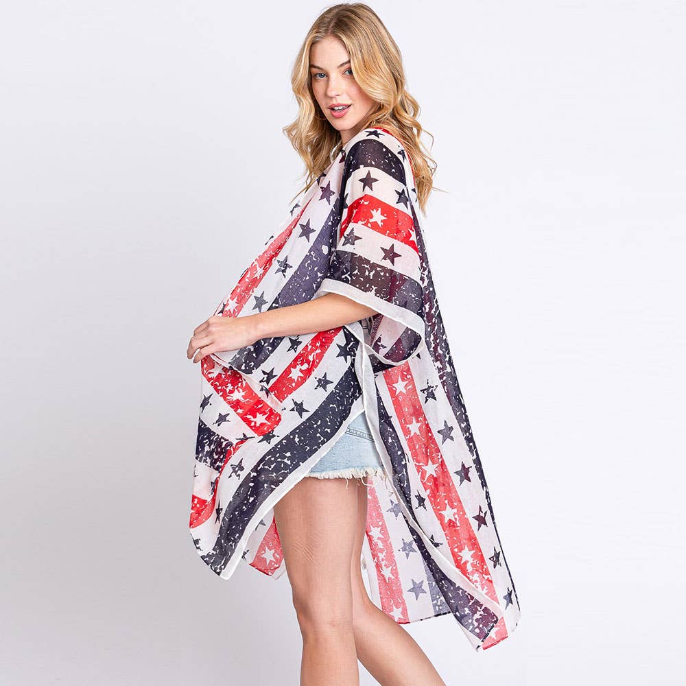 American USA Flag Star Print Kimono Poncho