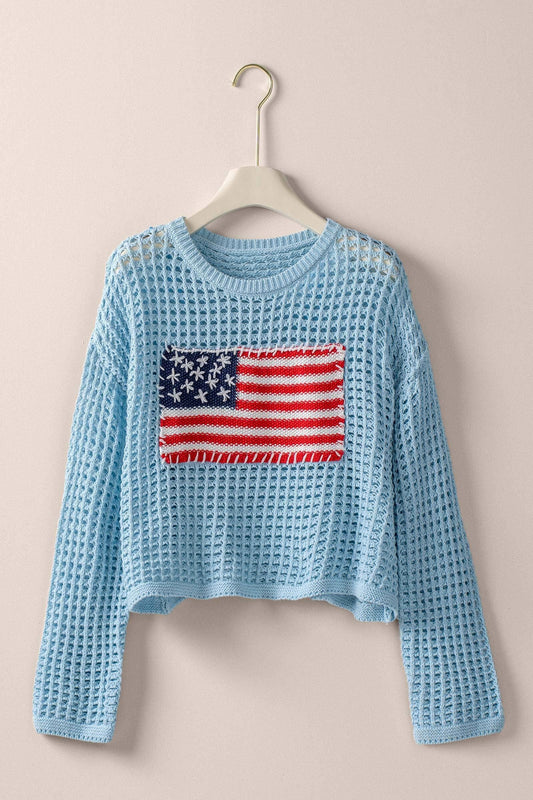 American Flag Patch Open Knit Cotton Sweater