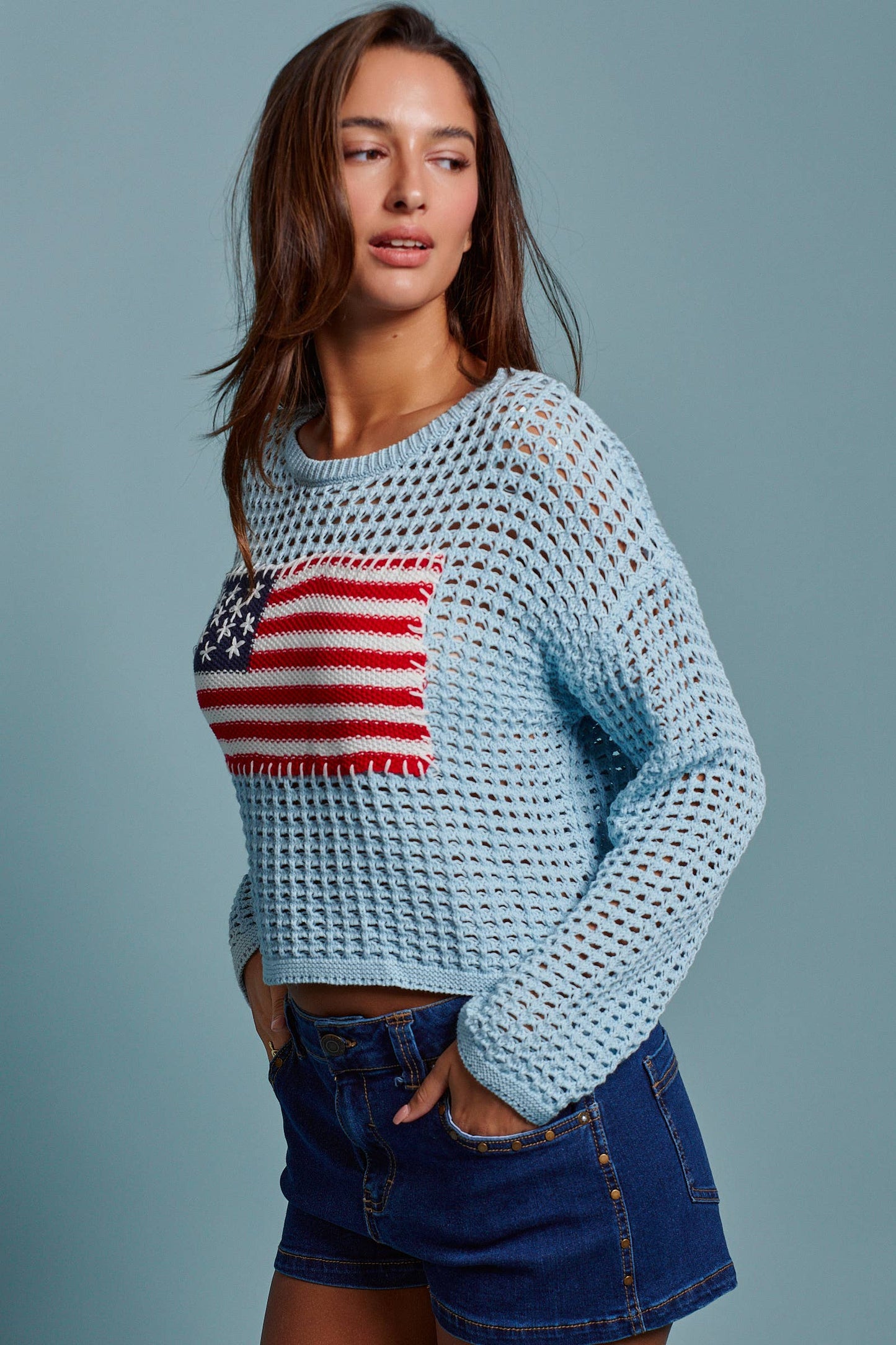 American Flag Patch Open Knit Cotton Sweater