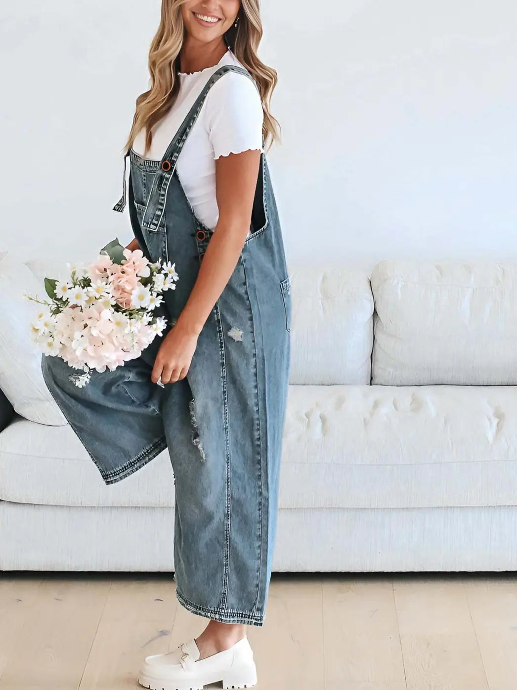 Women's Wide Leg Jumpsuit with Ripped Details