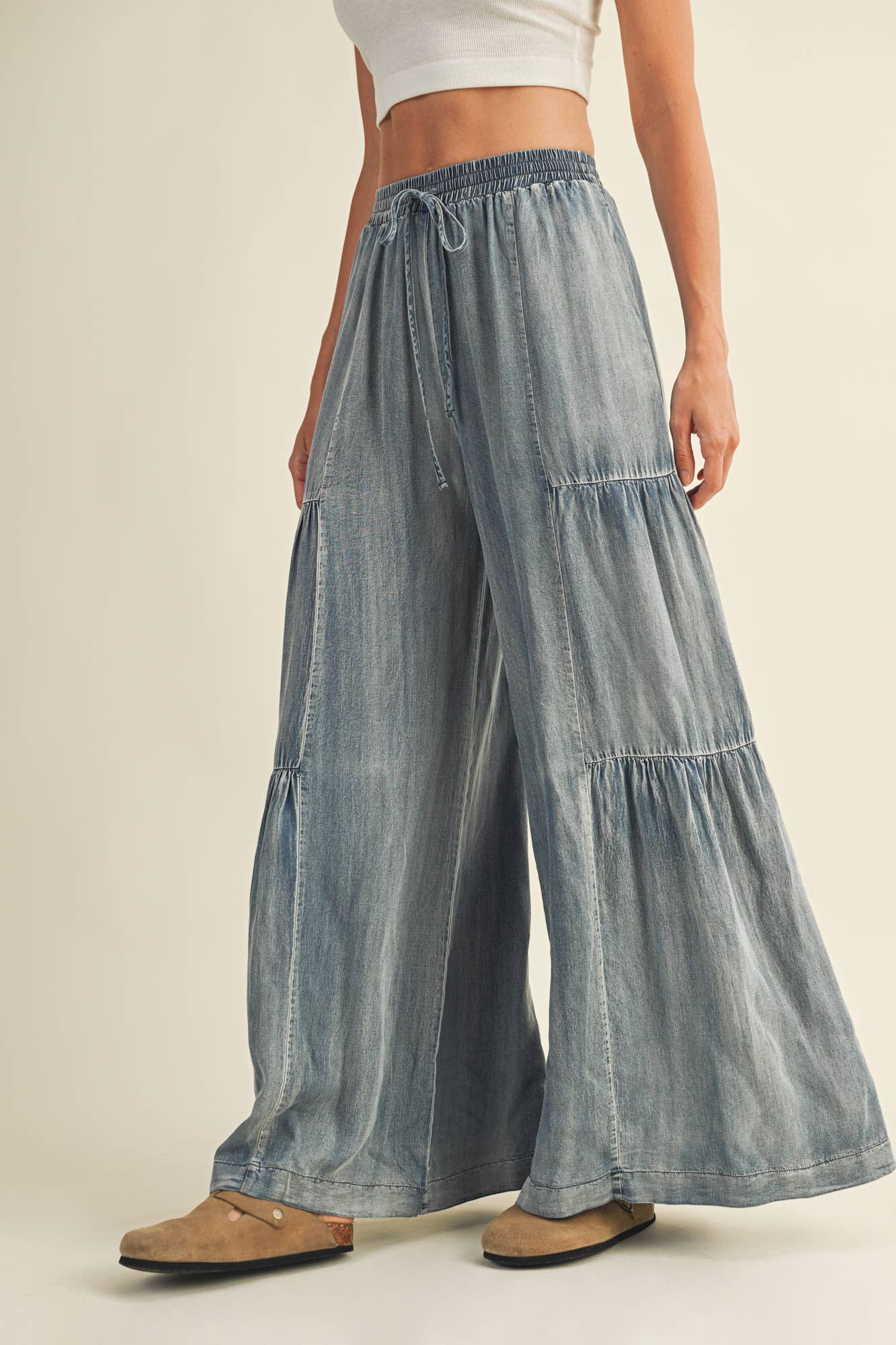 Ruffled Side Washed Denim Wide Pants