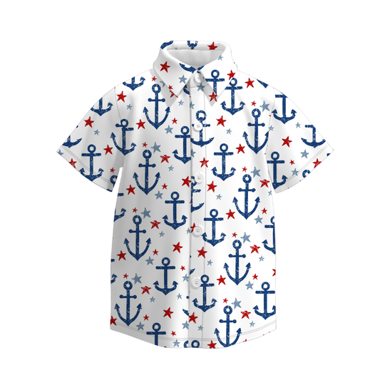 Boys July 4th Blue Red Anchor Star Short Sleeves Shirt