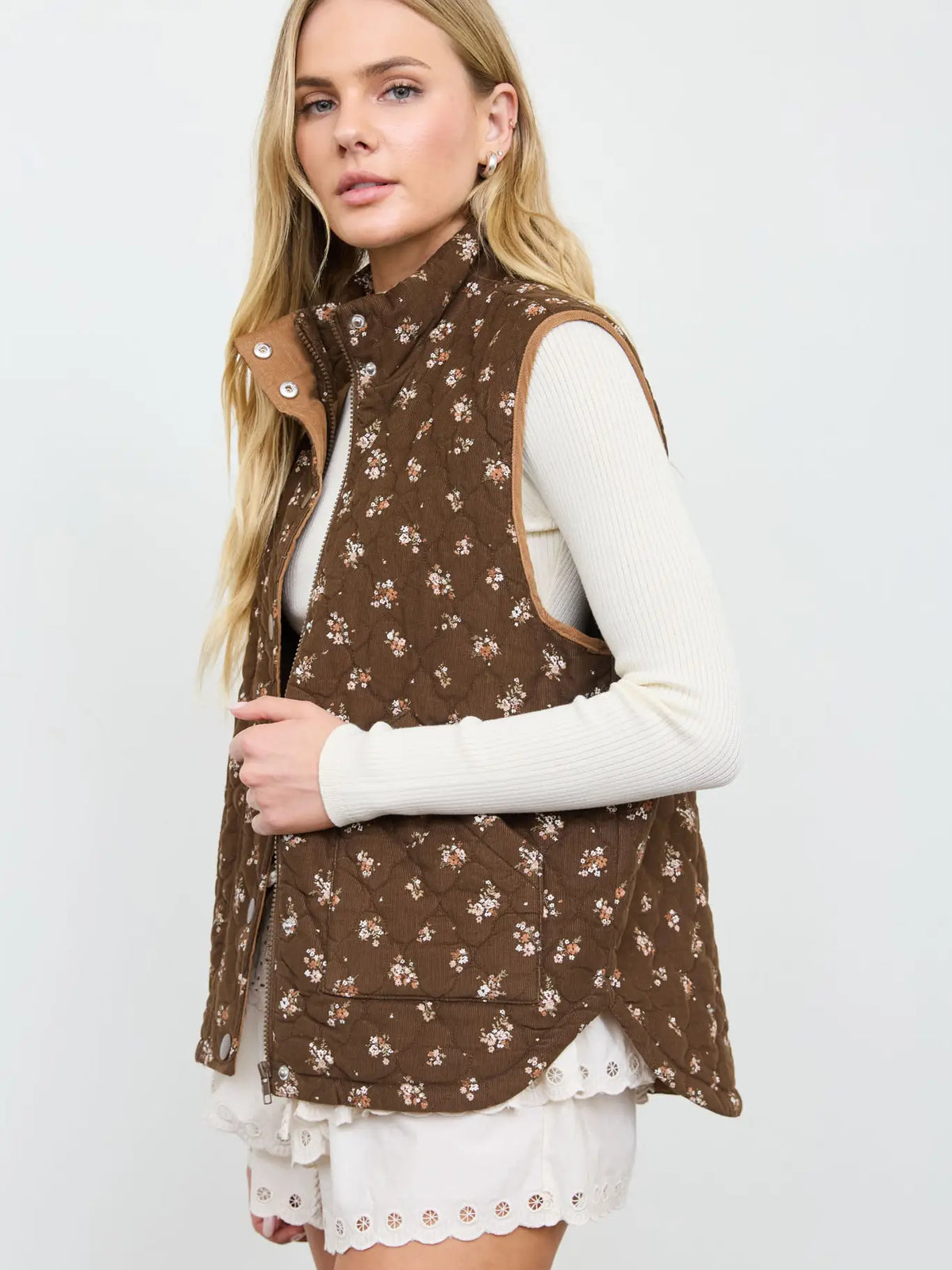 Floral Quilted Mock Neck Vest