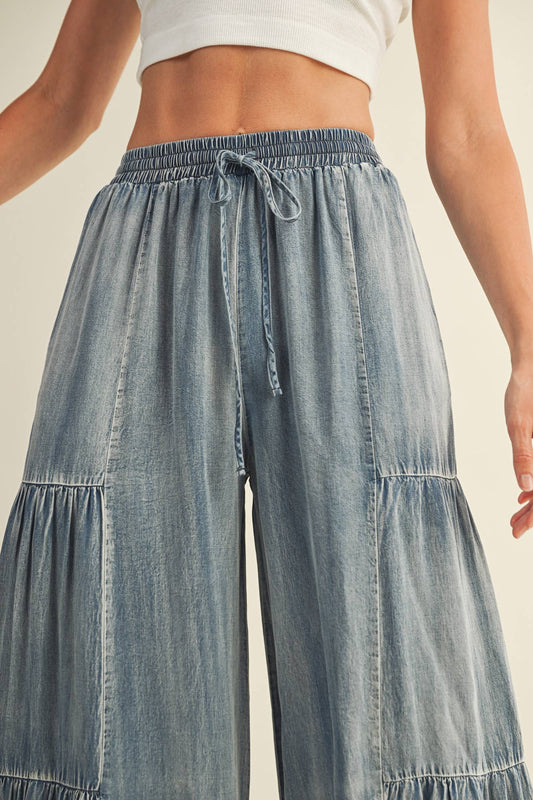 Ruffled Side Washed Denim Wide Pants