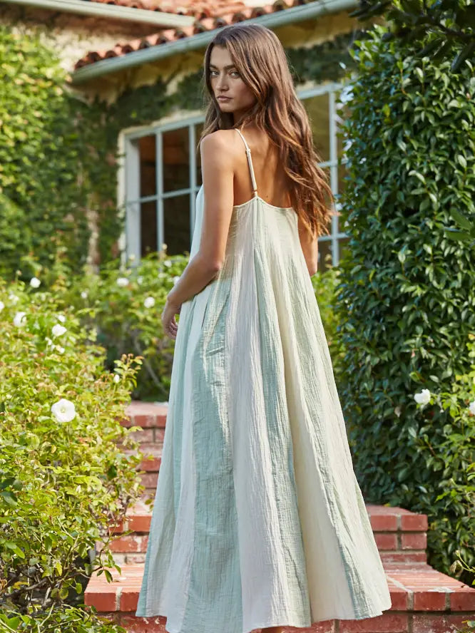 Cotton Gauze Striped Cami Pintuck Midi Dress | Cream Mint