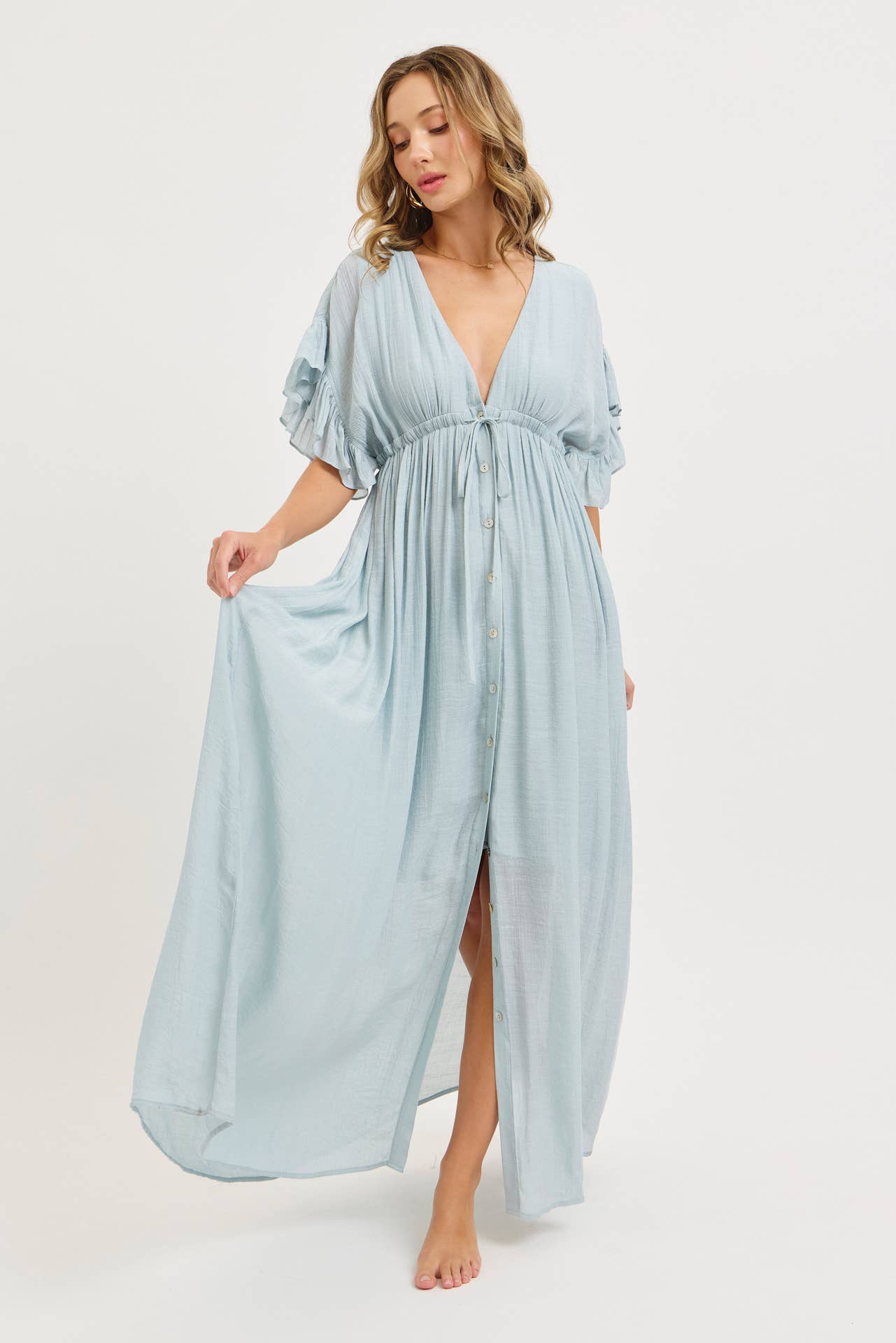 ROMANTIC V-NECKLINE ADJUSTABLE EMPIR RUFFLE FLOWY MAXI DRESS