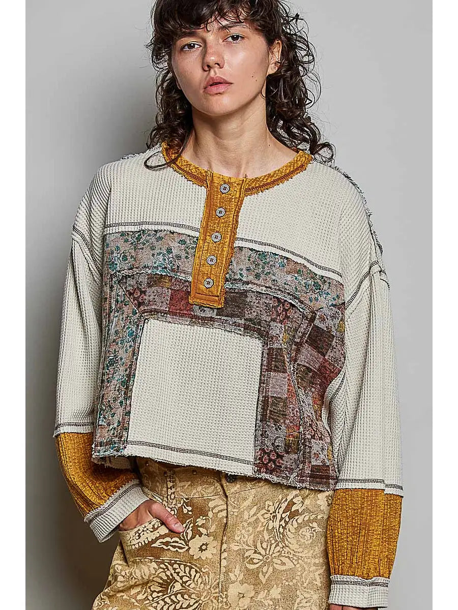 Thermal Knit Floral Patchwork Button Top