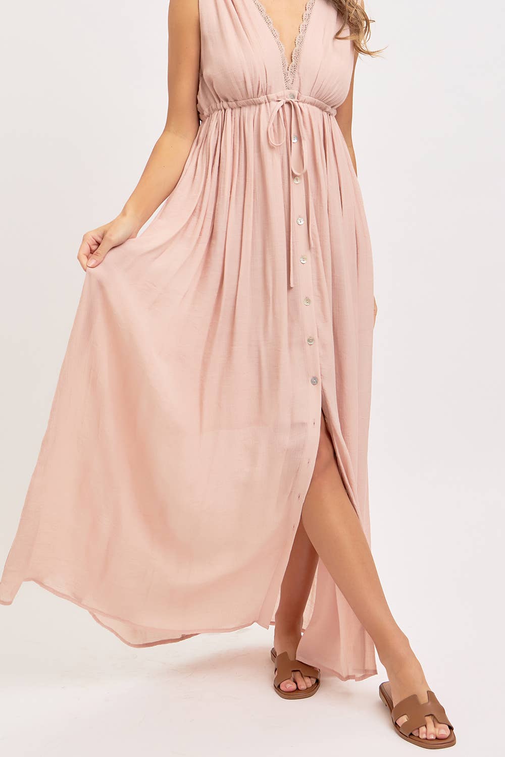 DEEP V NECKLINE MAXI DRESS: NUDE BLUSH / Contemporary
