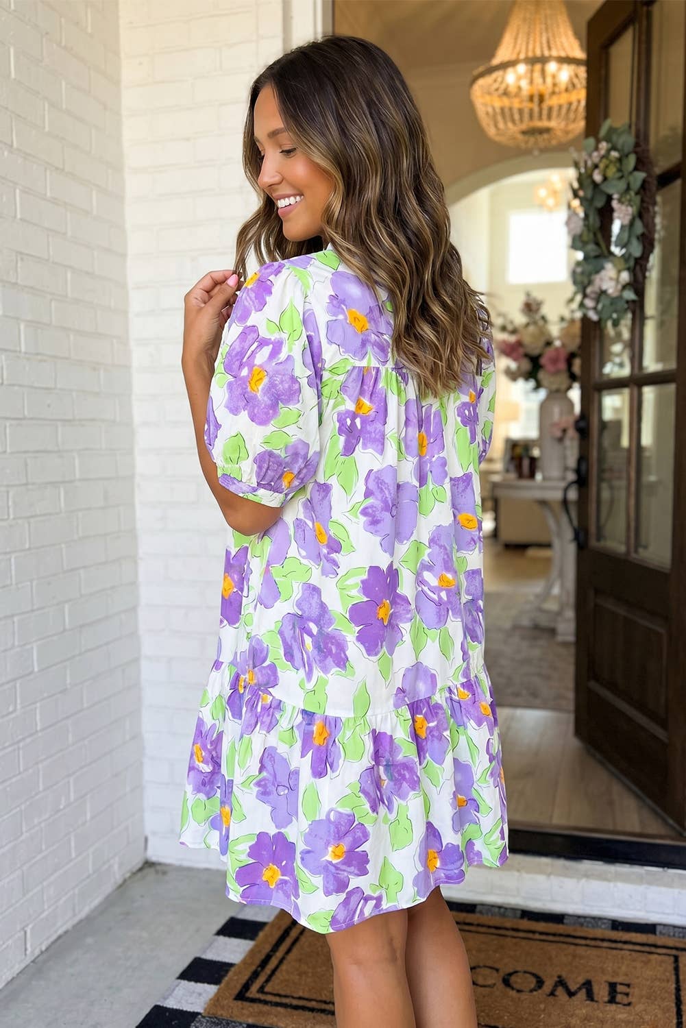 Floral Bubble Sleeve Tiered Ruffle Mini Dress