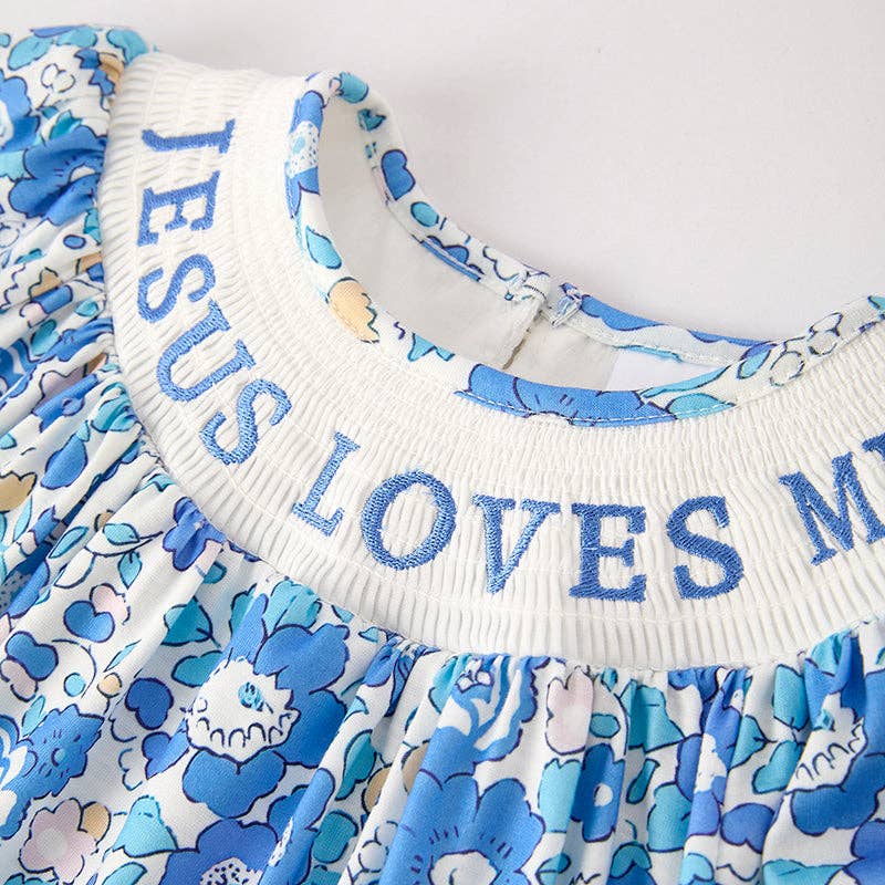 Girls Summer Blue Floral "JESUS LOVES ME" Smocked Dress
