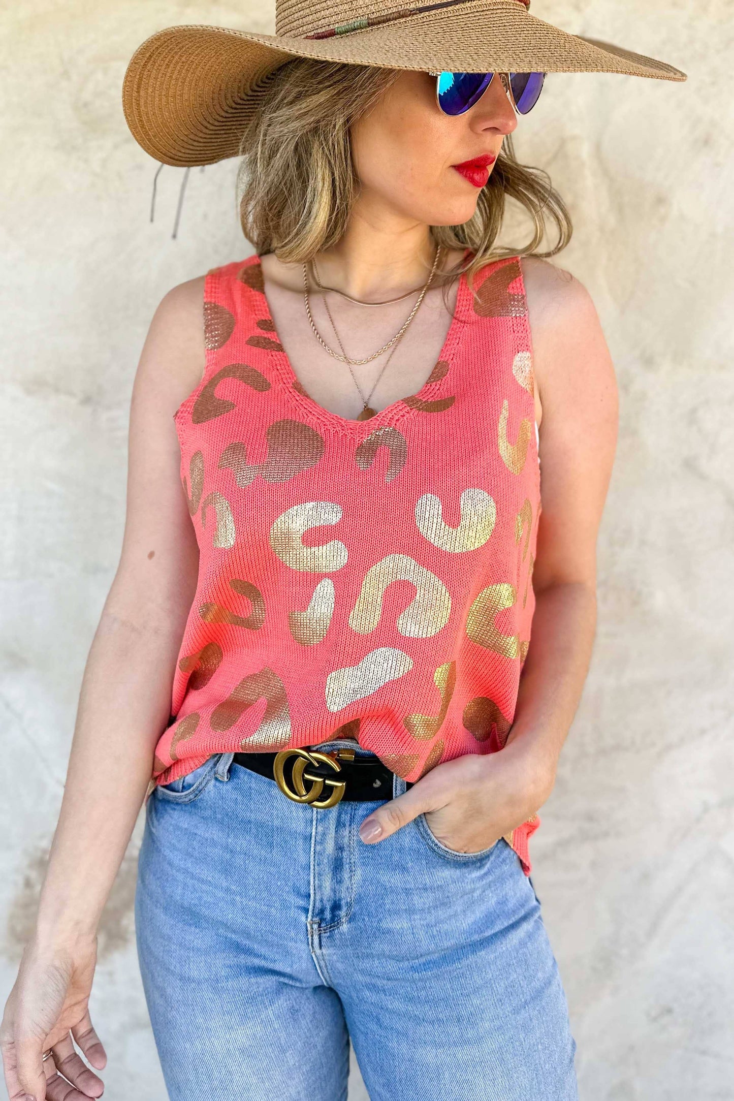 Metallic Gold Leopard Knit Tank – Lightweight Statement Top