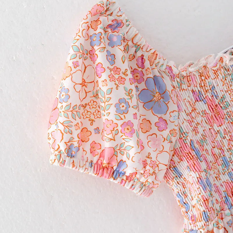 Girls Summer Floral Print Smocked Dress