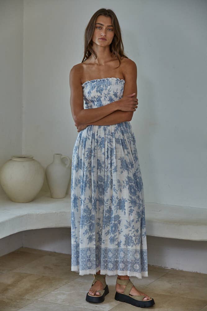 Woven Cotton Rayon Floral Smocked Strapless Midi Dress