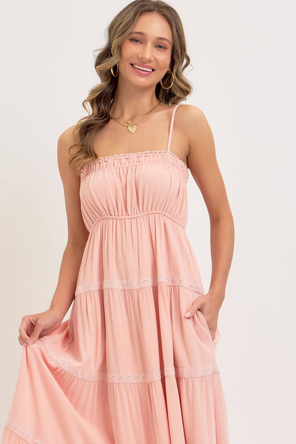 SMOCKED BRODICE TIERED MAXI DRESS: BLUSH / Contemporary