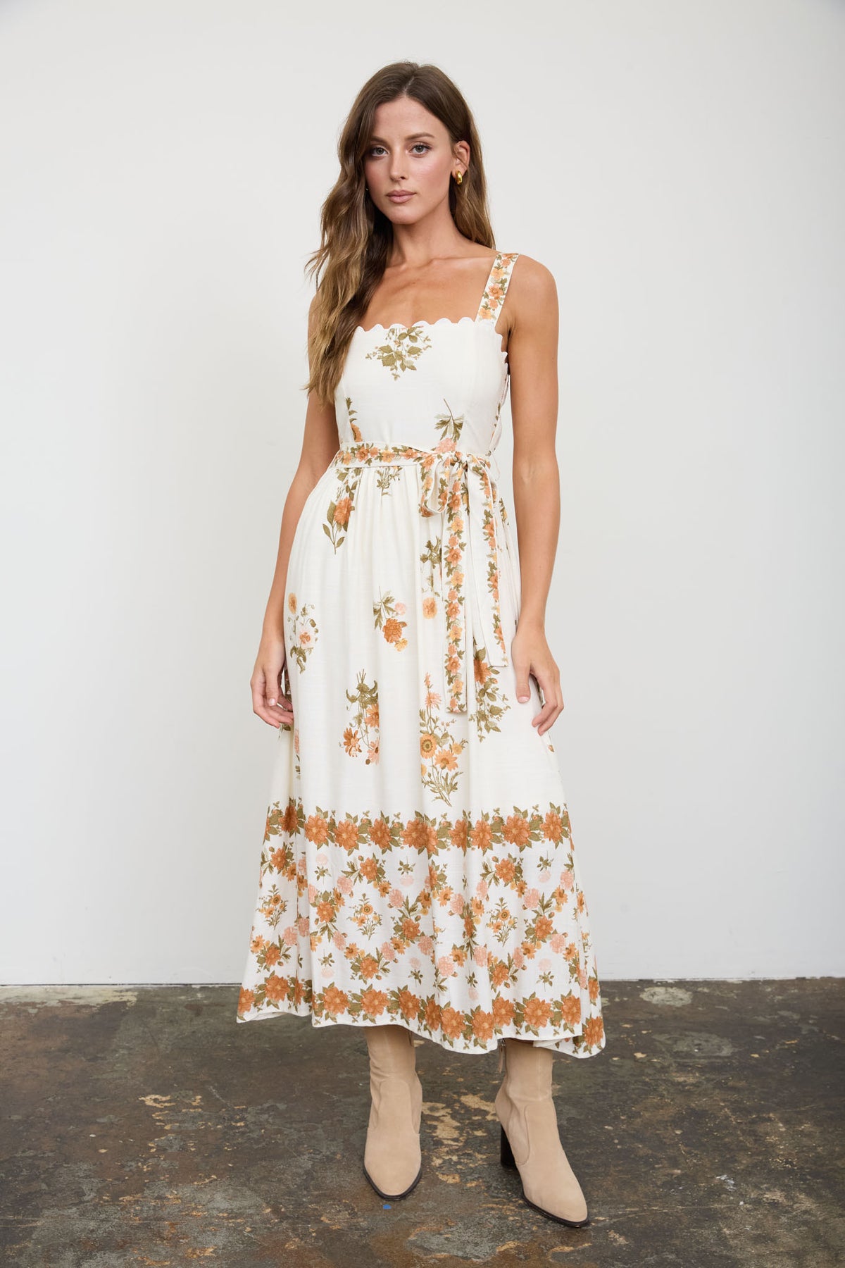 Floral Scalloped Midi Dress